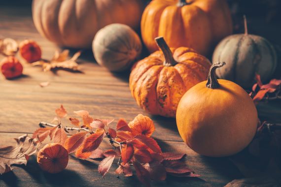 pumpkins and fall leaves on a table