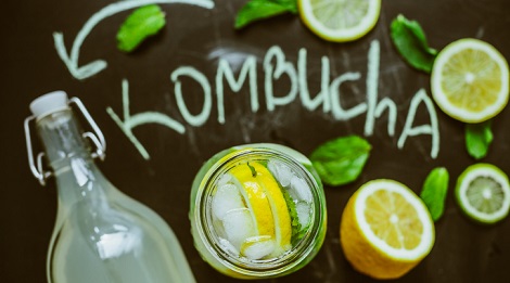 Kombucha spelled out on a table.