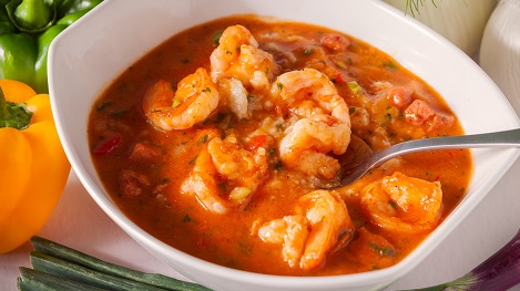 white bowl of seafood gumbo