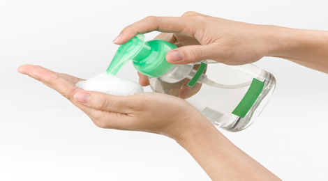 Antibacterial soap on hands.